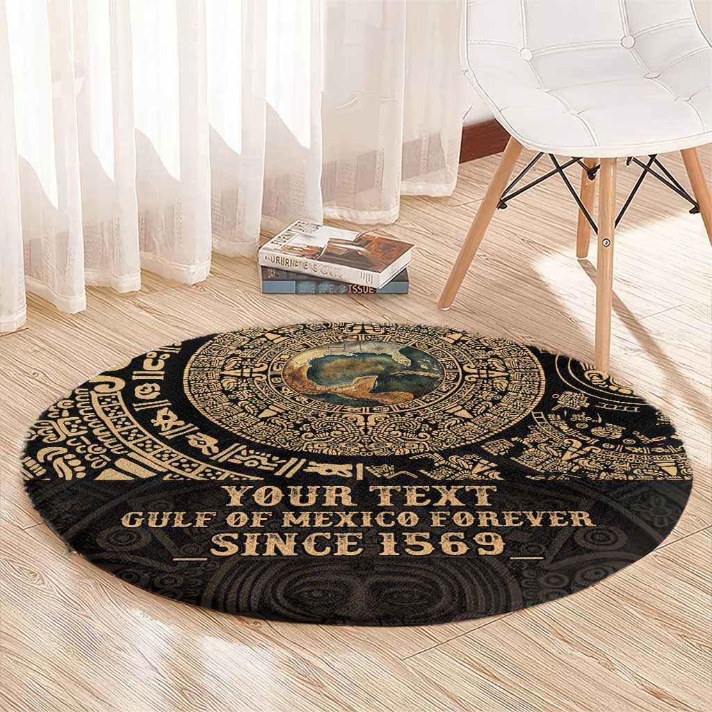 Personalized round black circular carpet with gold center map, 'YOUR TEXT' and 'SINCE 1569'