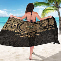 Black sarong with large center circular gold graphic and vintage lettering, wrap style