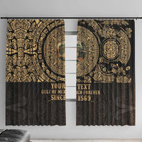 Black personalized window curtains with gold Aztec mandala print and custom text