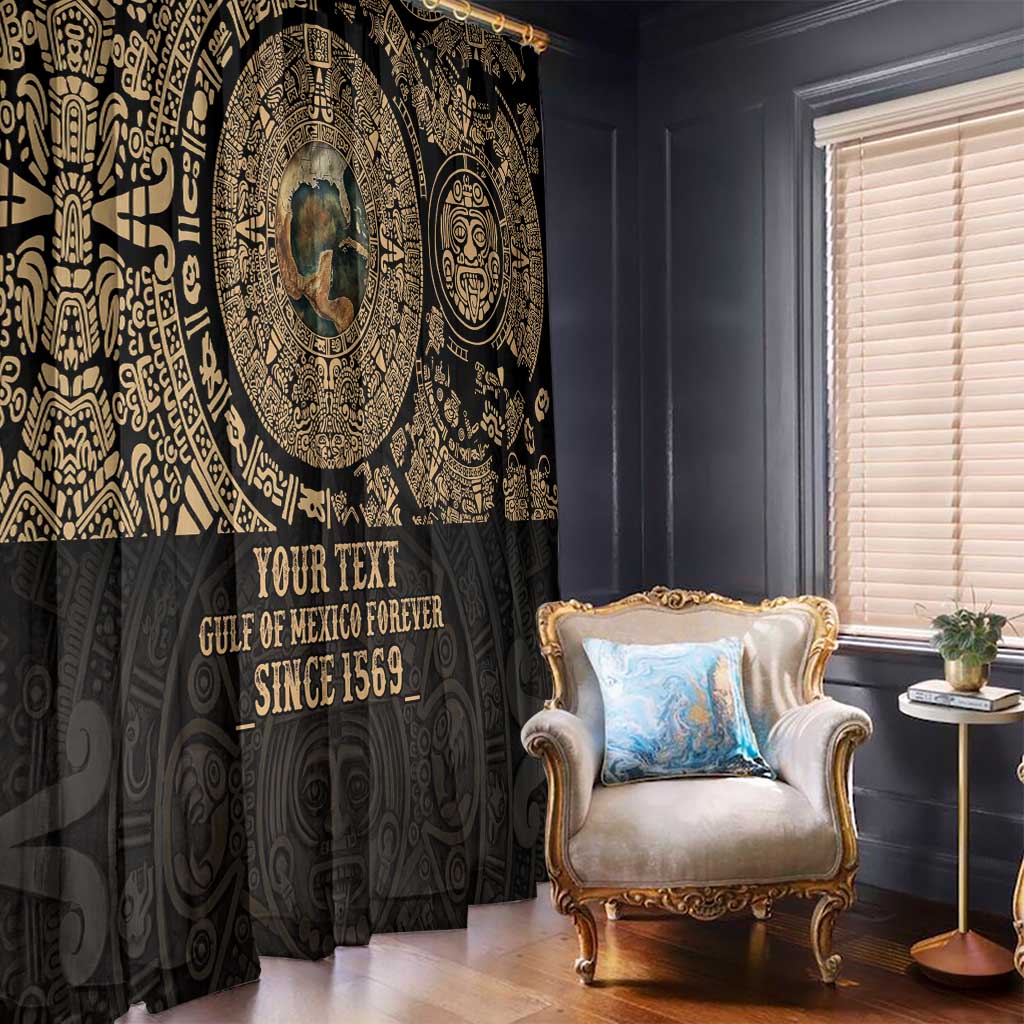 Black personalized window curtains with gold mandala print and custom text, living room view