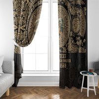 Black personalized window curtains with gold mandala print and custom text, window side view
