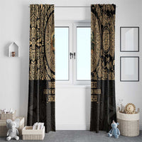 Black personalized window curtains with gold Aztec-style mandala print and custom text