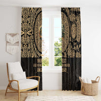 Black personalized window curtains with gold mandala print and custom text, door-and-sunroom view