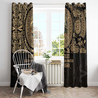 Black personalized window curtains with gold mandala print and custom text, airy room view