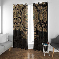 Black personalized window curtains with gold mandala print and custom text, sofa-side view