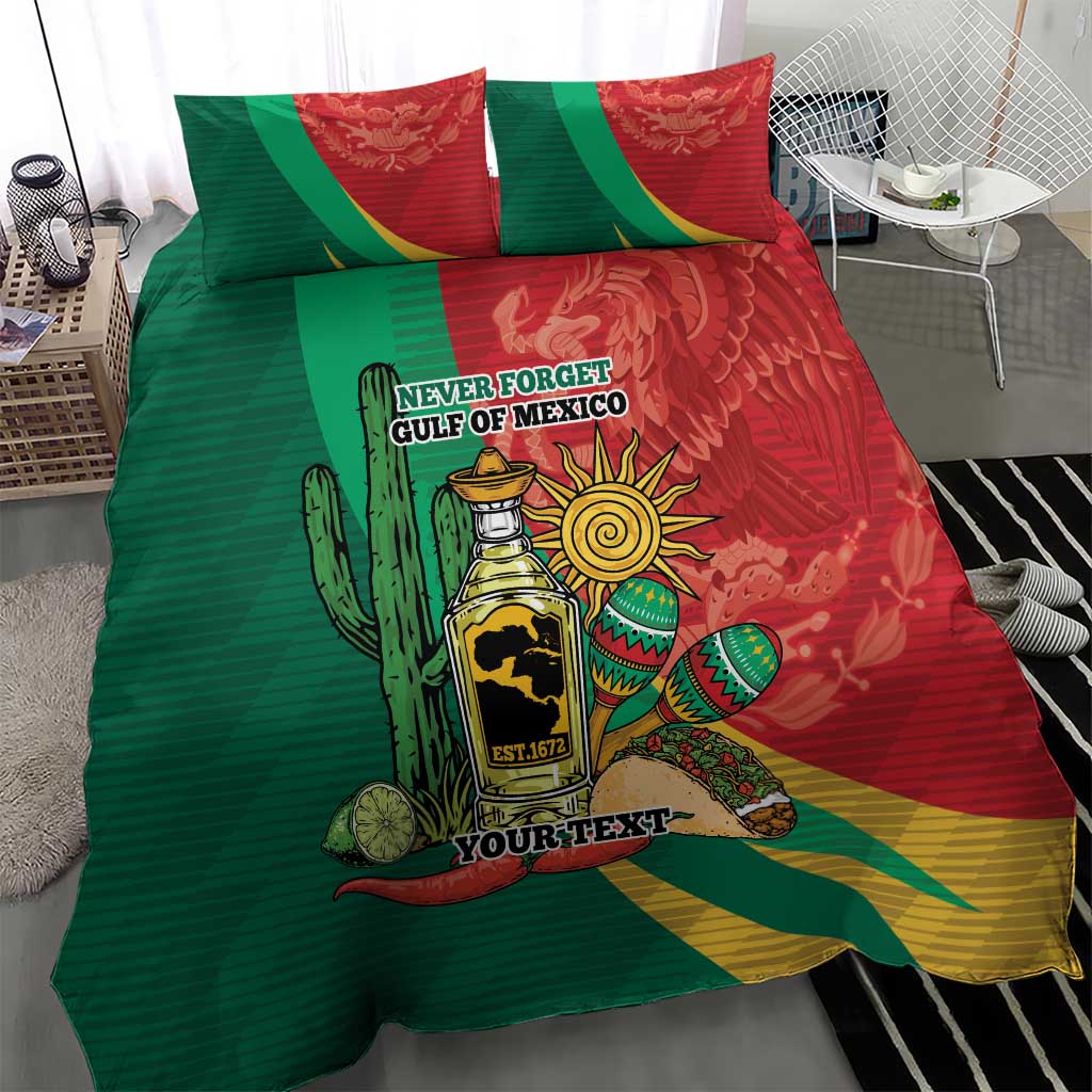 Personalized bedding set with green-red tequila bottle, cactus, and sunburst print