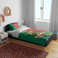 Personalized bedding set on bed with green-red tequila bottle and cactus graphic