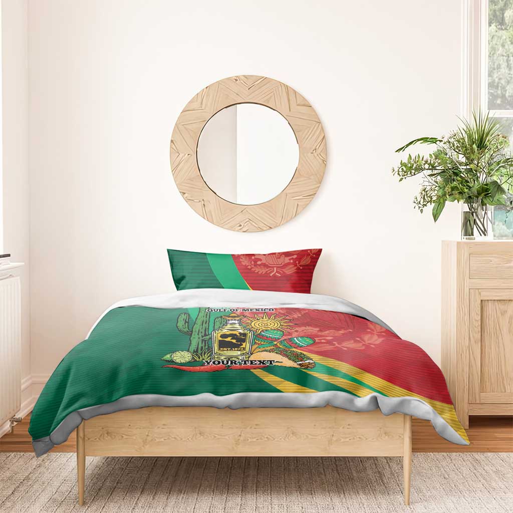 Personalized bedding set on bed with green-red cactus and tequila bottle motif