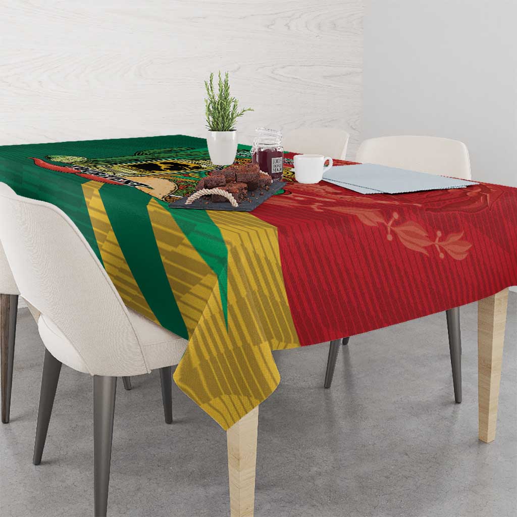Mexico-themed tablecloth with green, yellow, and red diagonal stripes, draped on table
