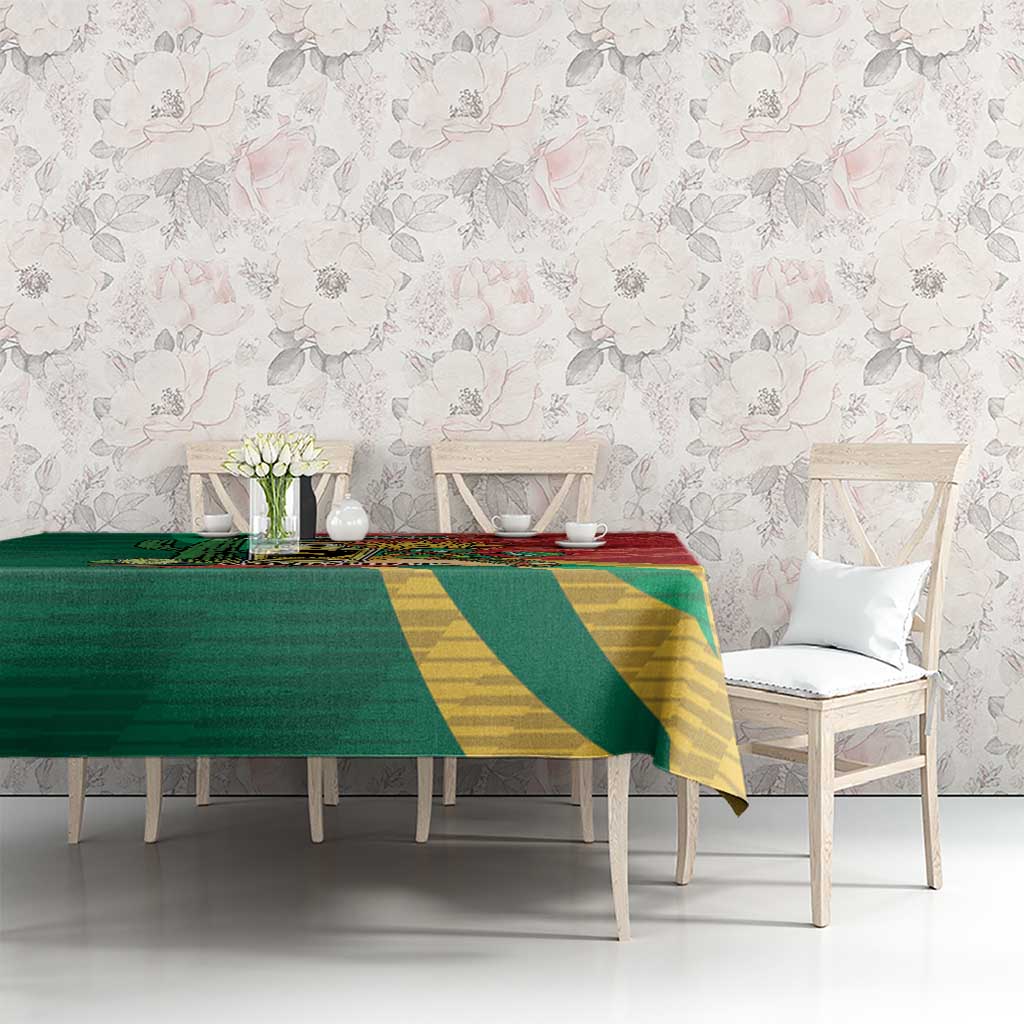 Green and red Mexico-themed tablecloth with diagonal stripe panel, draped on dining table