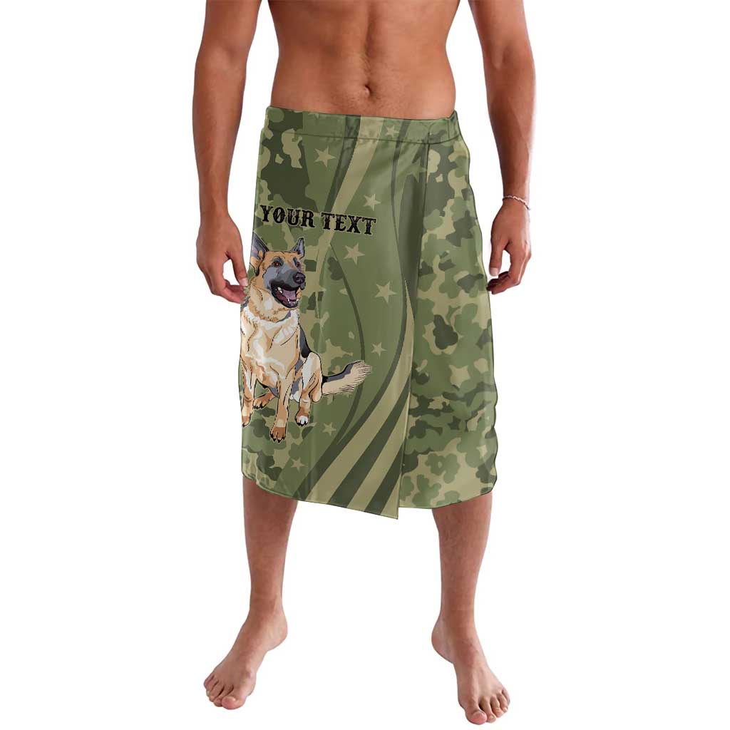 Green camouflage lavalava with dog graphic, custom text panel, and wrap skirt styling