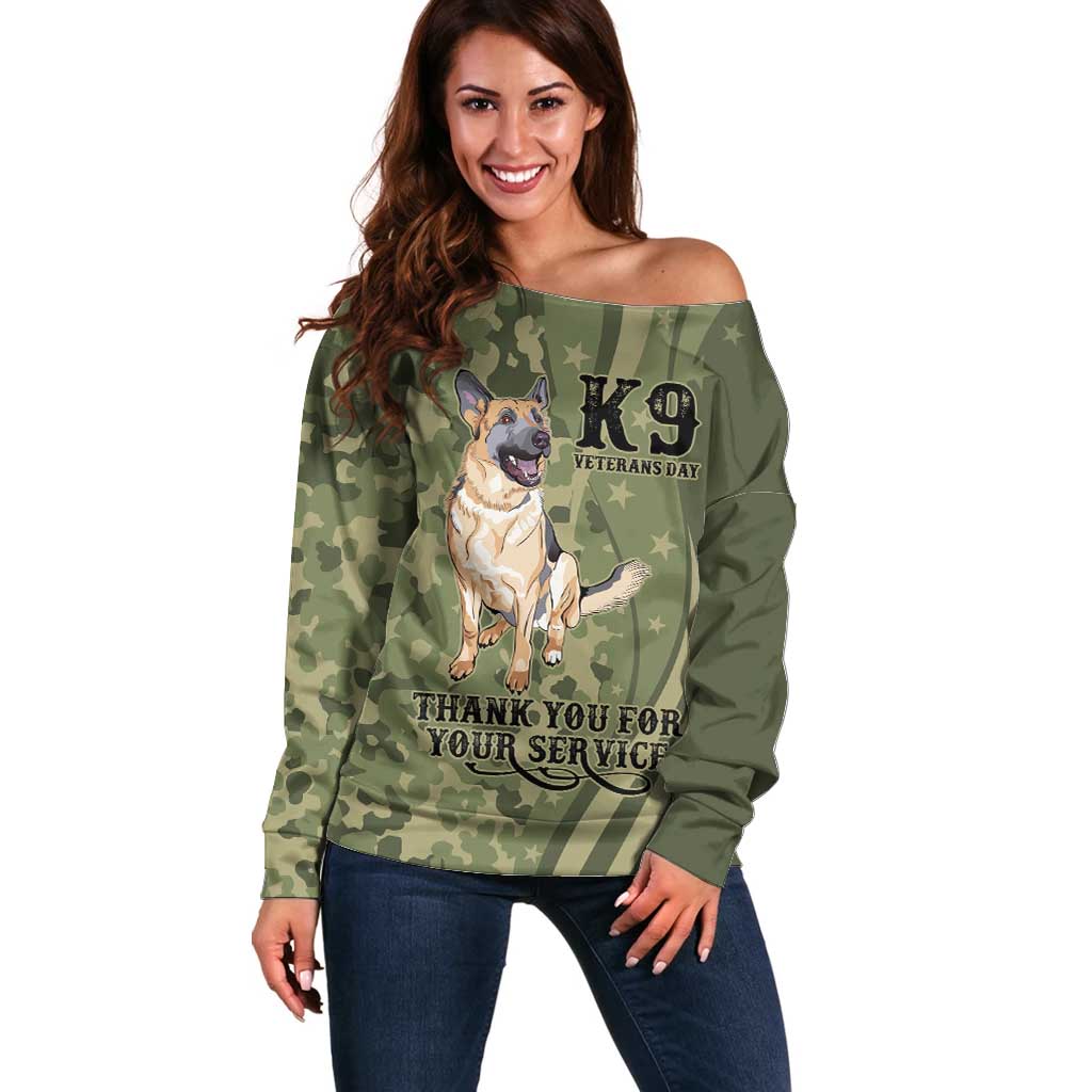 United States Canine Personalized Off Shoulder Sweater USA Military K9s Camouflage