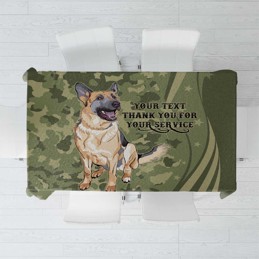 Green camouflage tablecloth with dog graphic and personalized text, rectangular table cover
