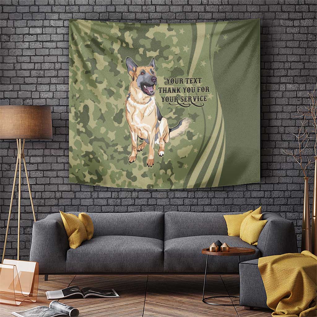 Personalized green camouflage dog tapestry with German shepherd and thank-you text