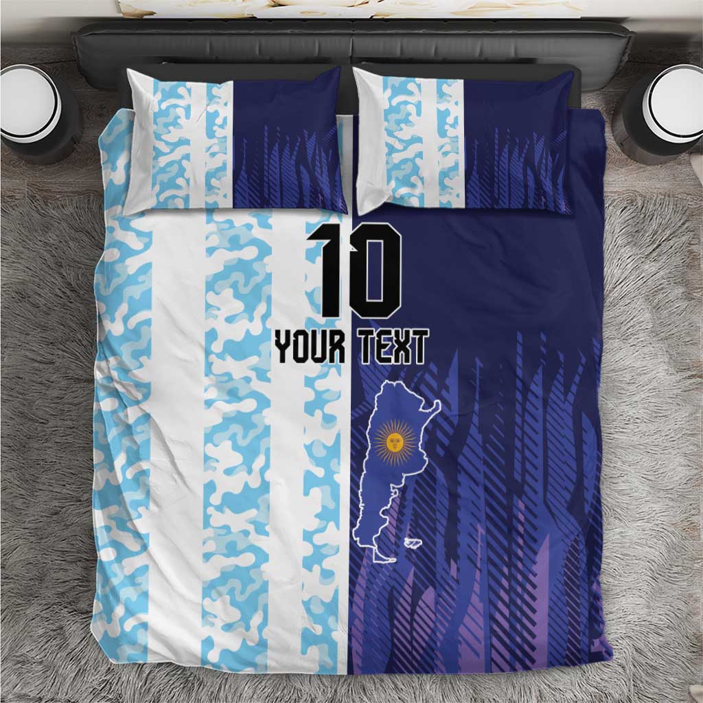 Blue and white football bedding set with custom text, #10, and Argentina map on duvet