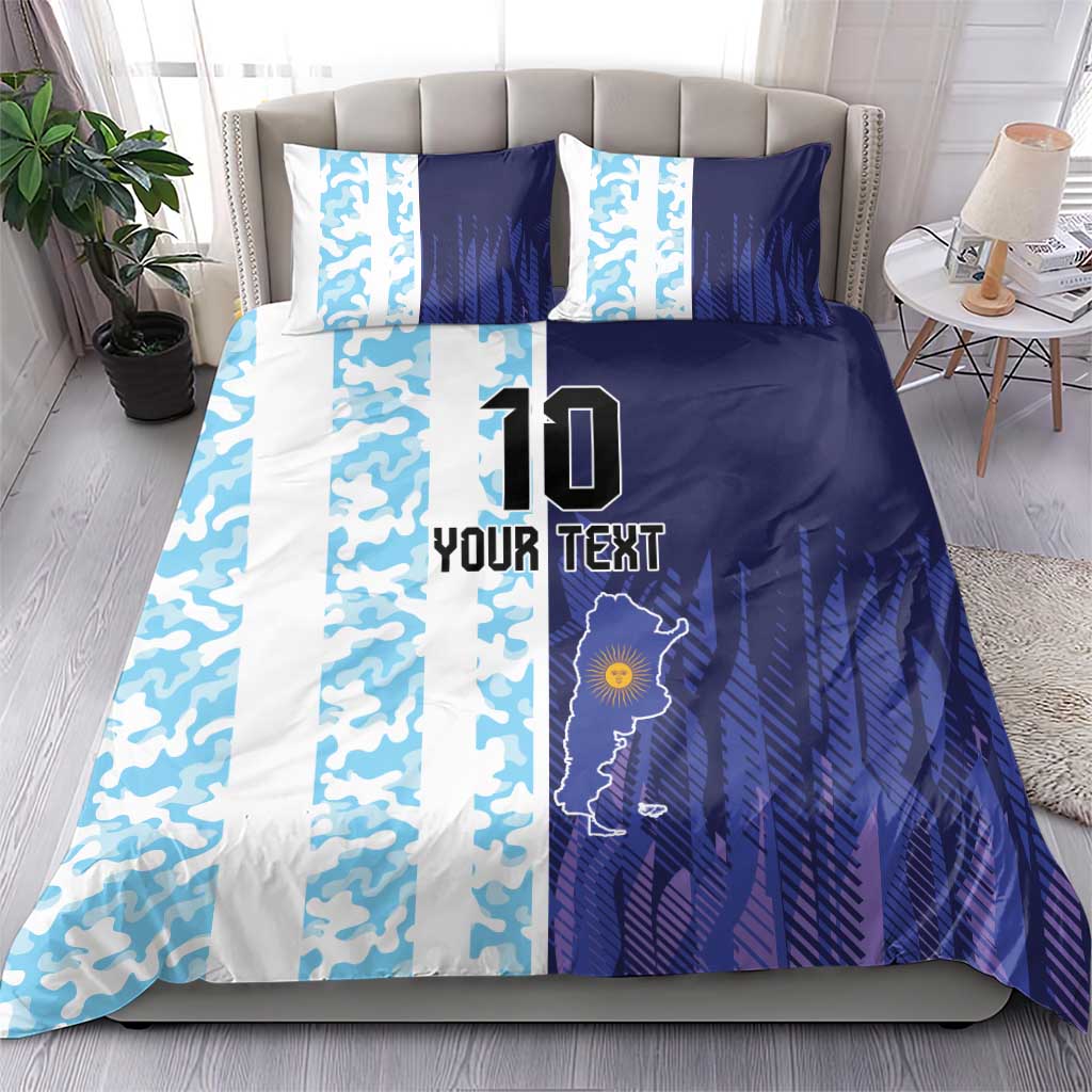 Blue and white football bedding set with custom text, #10, and Argentina map on duvet