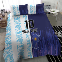 Blue and white football bedding set with custom text, #10, and Argentina map on duvet