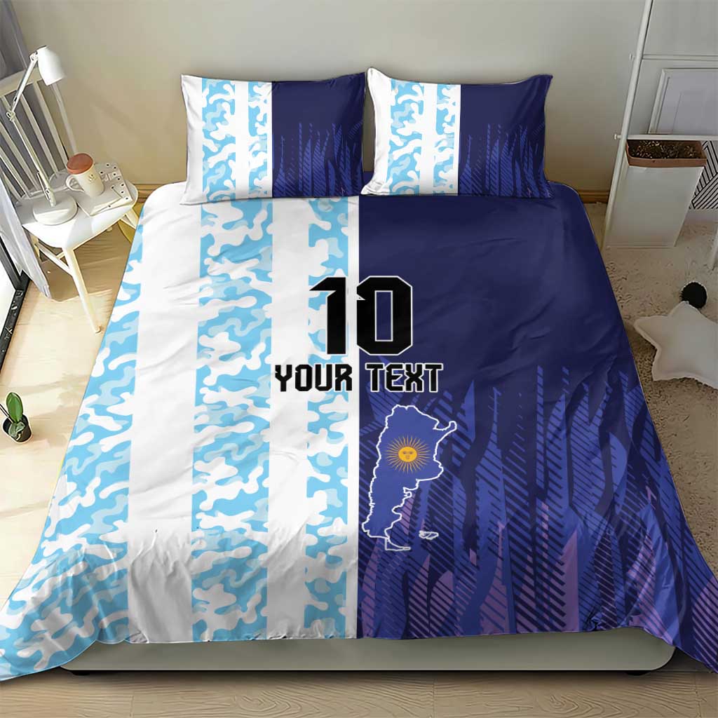 Blue and white football bedding set with custom text, #10, and Argentina map on duvet