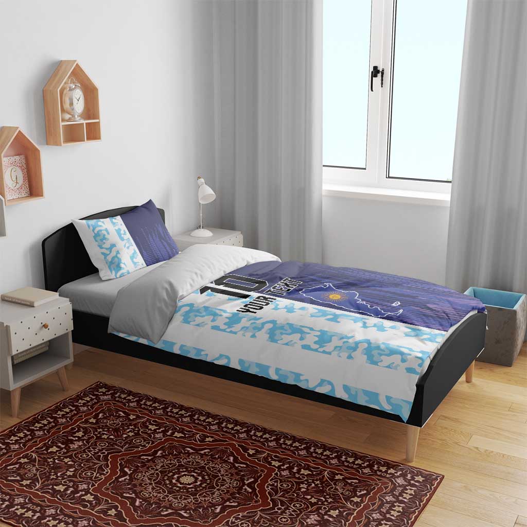Blue and white football bedding set with custom text, #10, and Argentina map on duvet