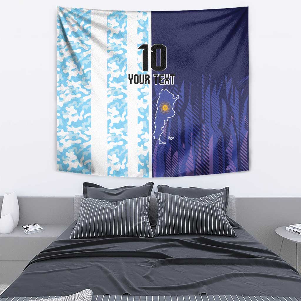 Argentina soccer-themed custom tapestry, half blue camo stripes and purple panel with crest