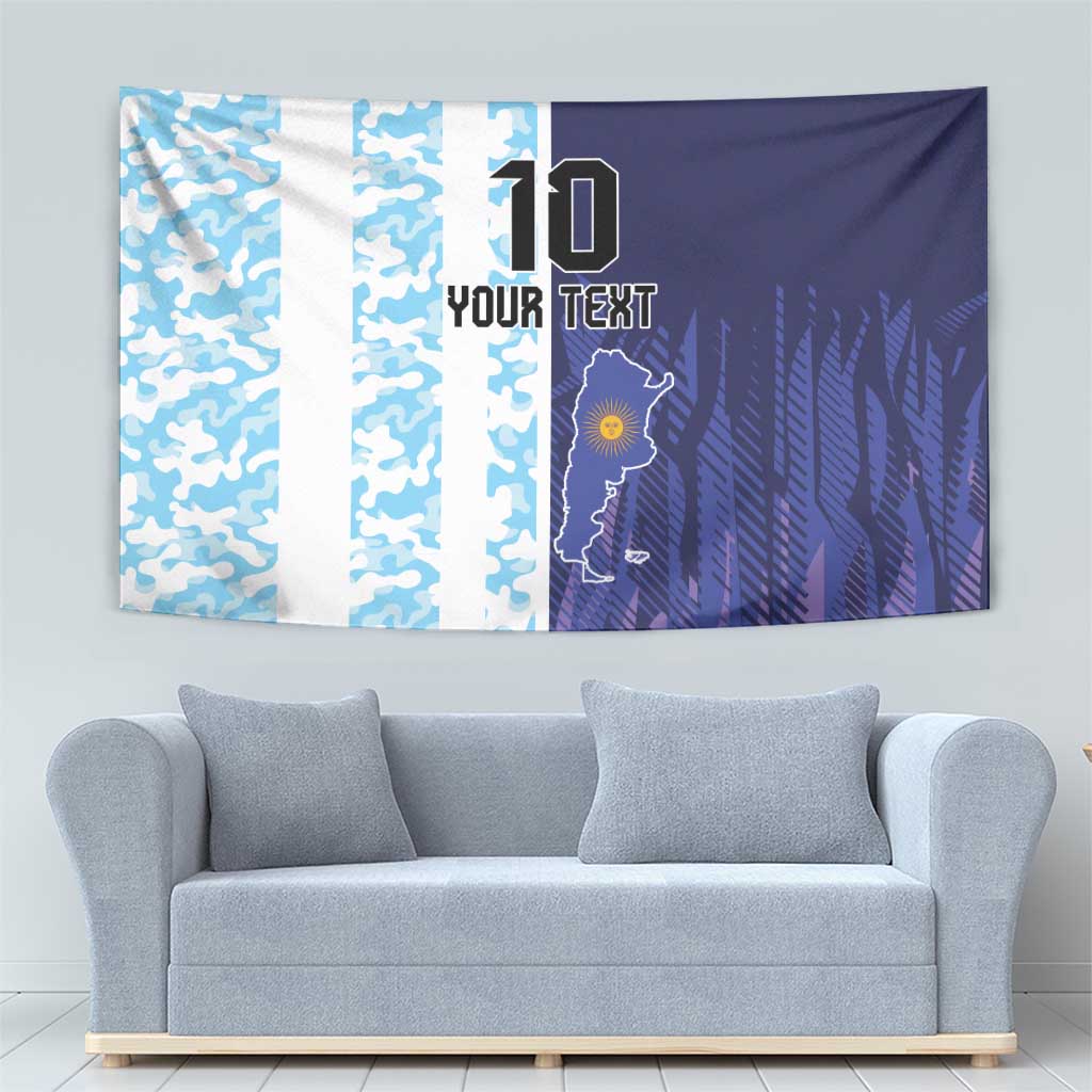 Argentina soccer-themed custom tapestry with white and light-blue camo bands and dark purple side
