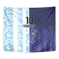 Argentina soccer-themed custom tapestry close-up: blue camo stripes, purple half, icon and text