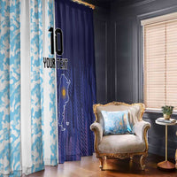 Window curtain set with light blue camo panel and dark blue panel featuring Argentina map
