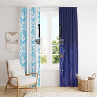 Window curtain set with light blue camo and dark blue panels, Argentina map print