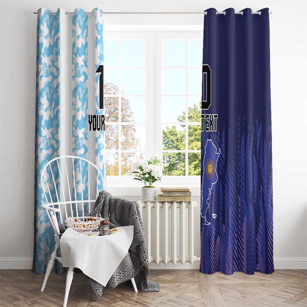 Window curtain pair with light blue camouflage pattern and dark blue Argentina graphic