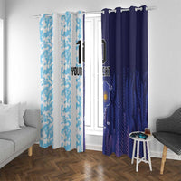 Window curtain set with hanging grommets: light blue camo left, dark blue Argentina design