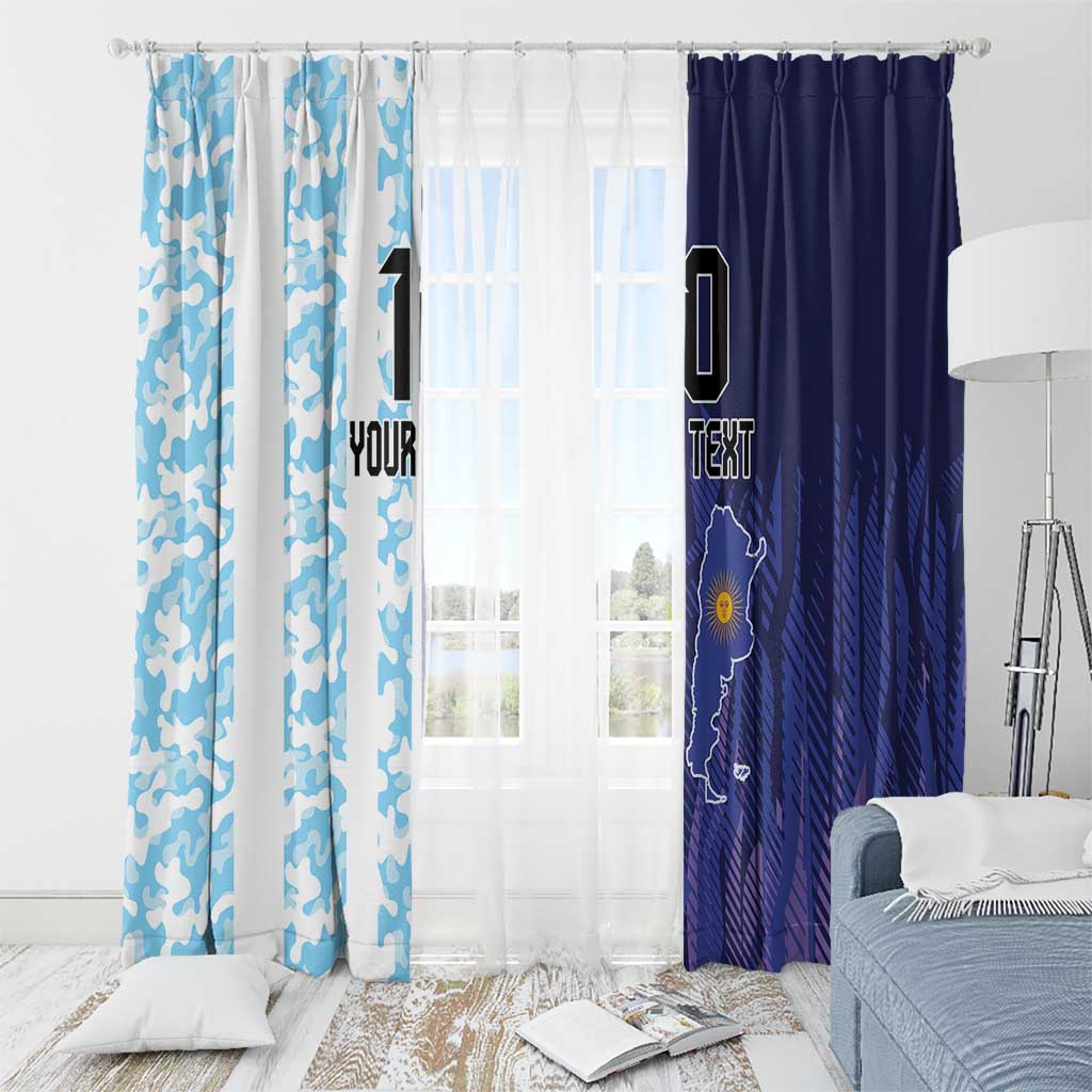 Window curtain pair with light blue camo and dark blue panels showing Argentina map graphic