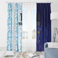 Window curtain pair with light blue camo and dark blue panels showing Argentina map graphic