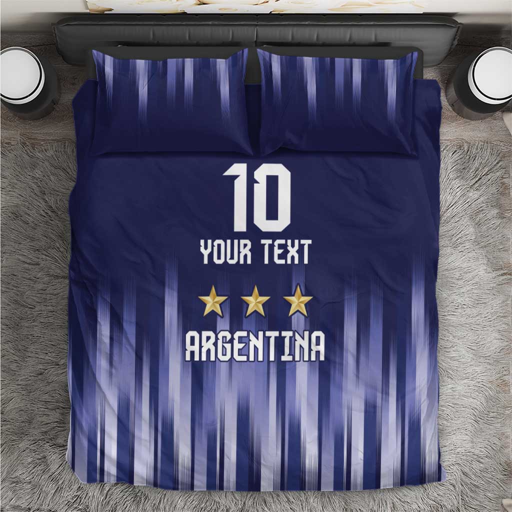 Blue Argentina-themed bedding set with vertical stripe pattern, number 10, stars, and custom text