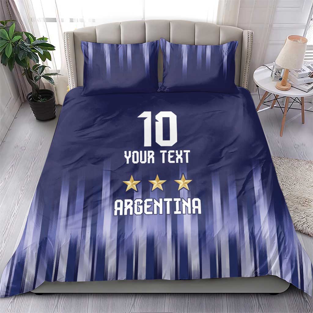 Blue bedding set with vertical stripes, number 10, three stars, and “YOUR TEXT” over Argentina