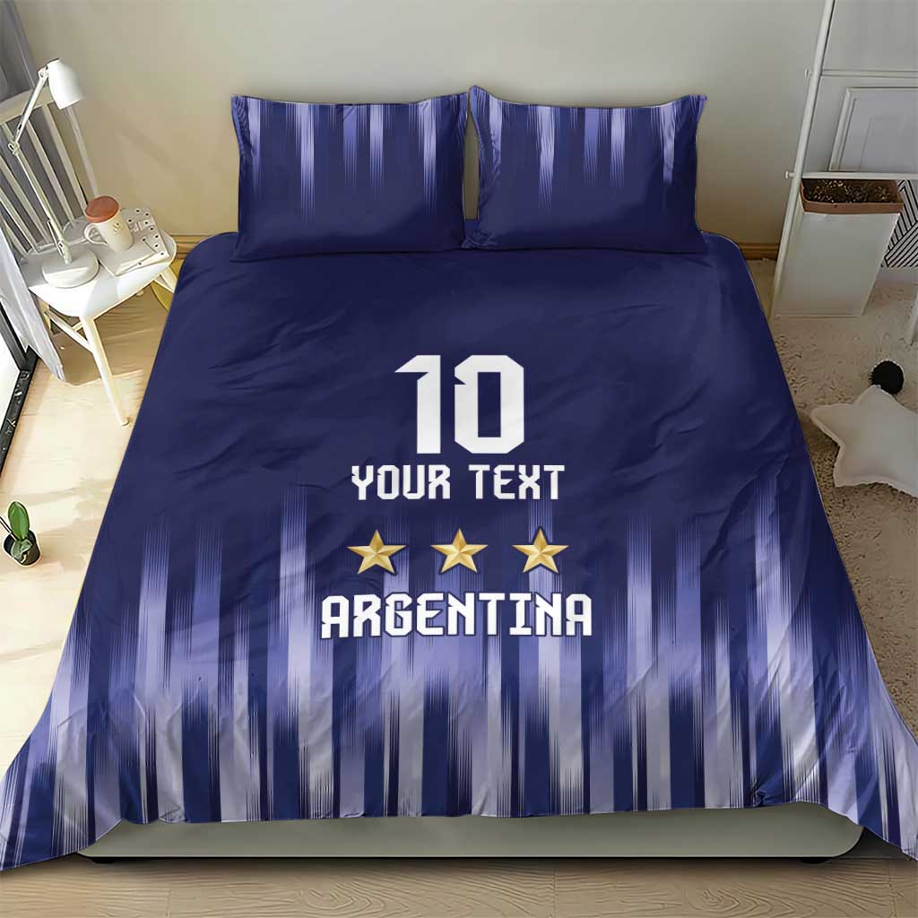 Blue vertical-striped bedding set with number 10, three stars, and “YOUR TEXT” Argentina design