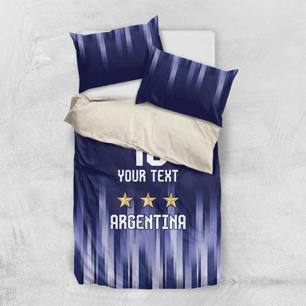 Blue and white vertical-striped bedding set with number 10, stars, and “YOUR TEXT” Argentina print
