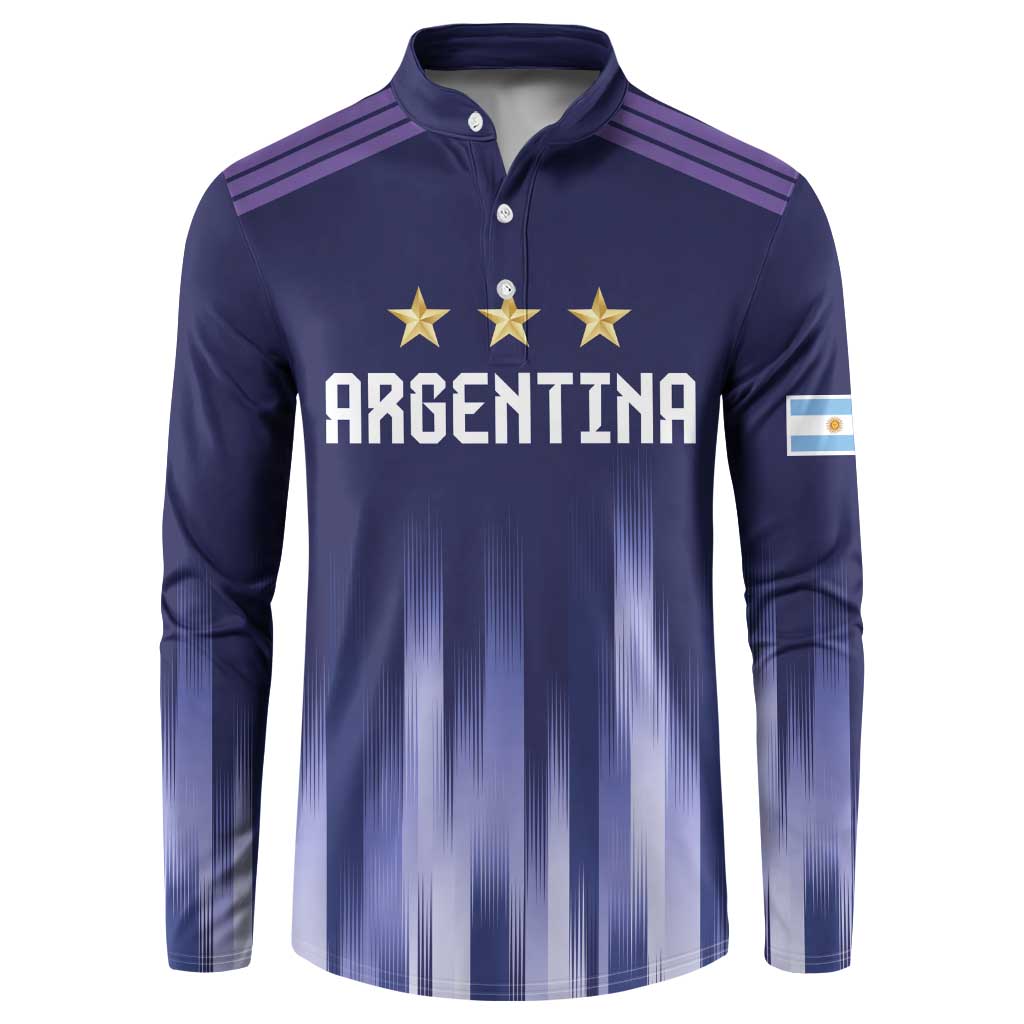 Navy-blue long-sleeve button pullover with Argentina lettering, gold stars, and vertical stripe print.