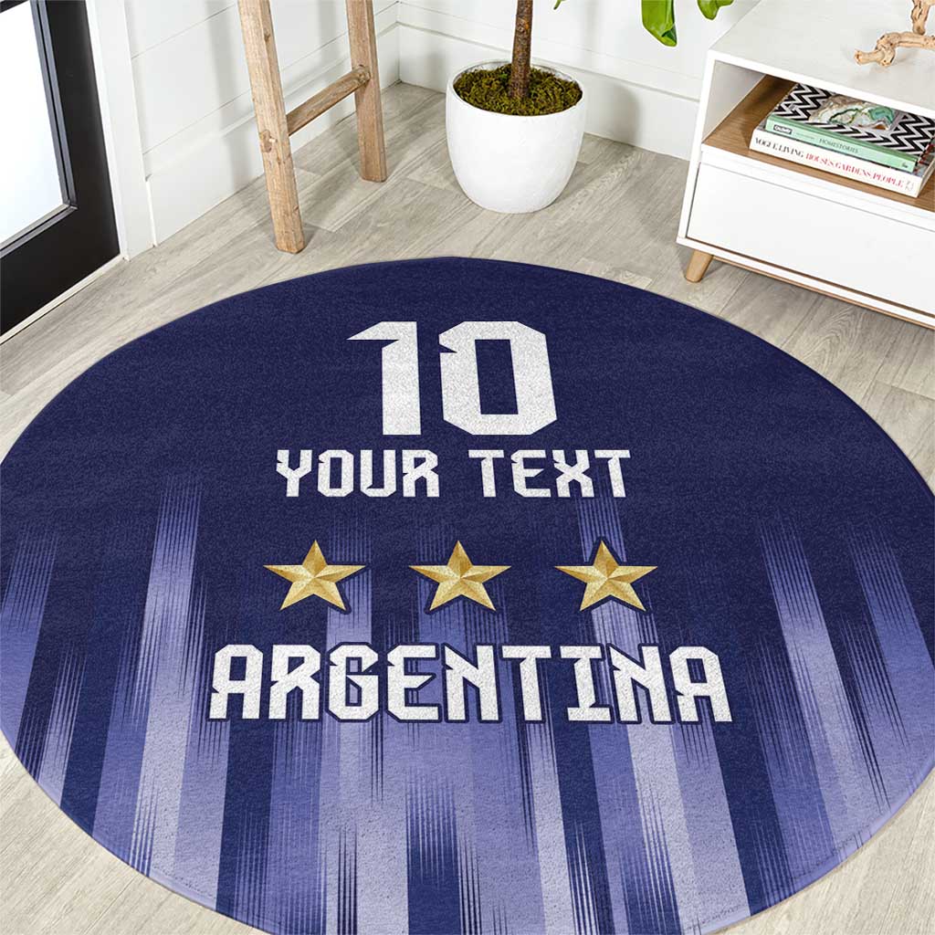 Round blue football carpet, close-up of '10 YOUR TEXT ARGENTINA' with three gold stars.
