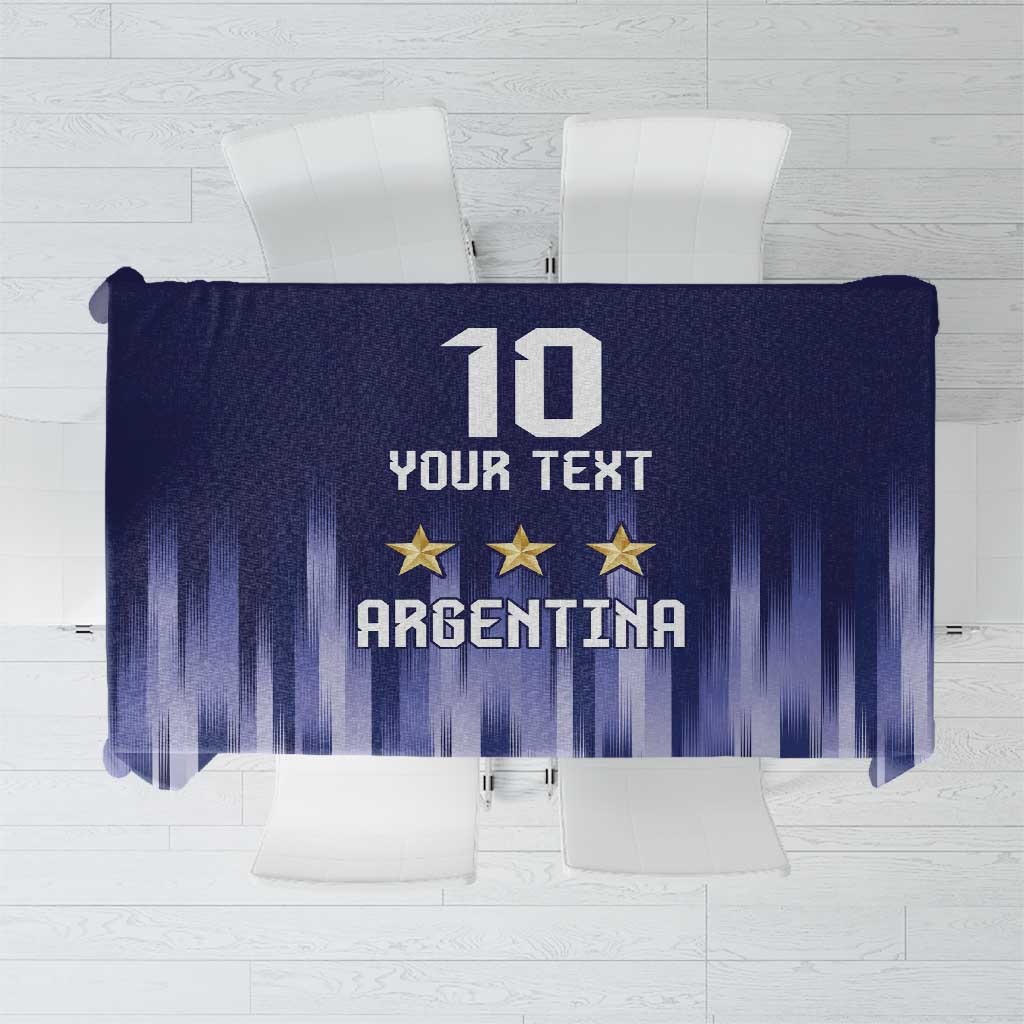 Blue custom tablecloth with Argentina text, stars, and centered number design