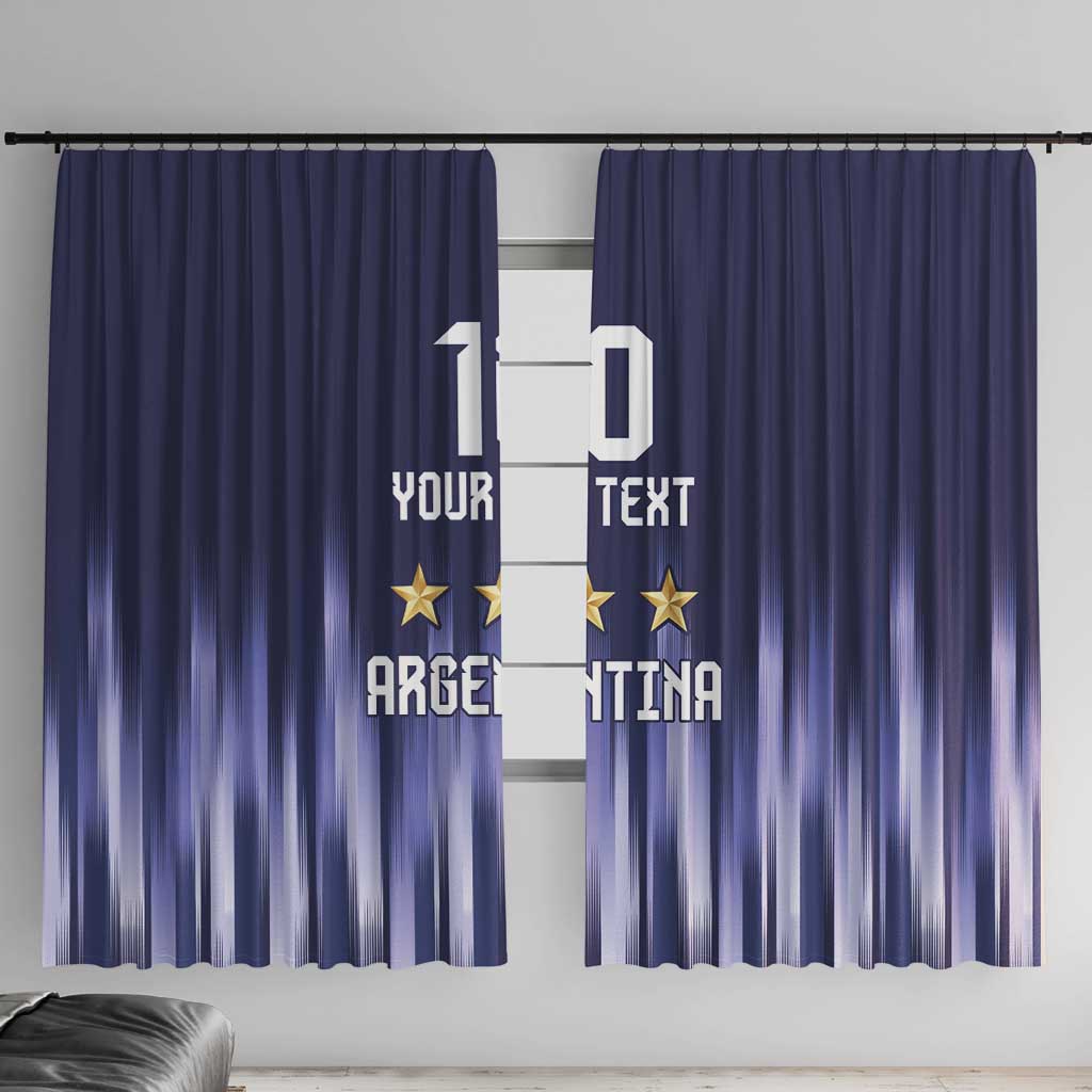 Navy blue window curtains with Argentina-themed text, large number, and gold stars.