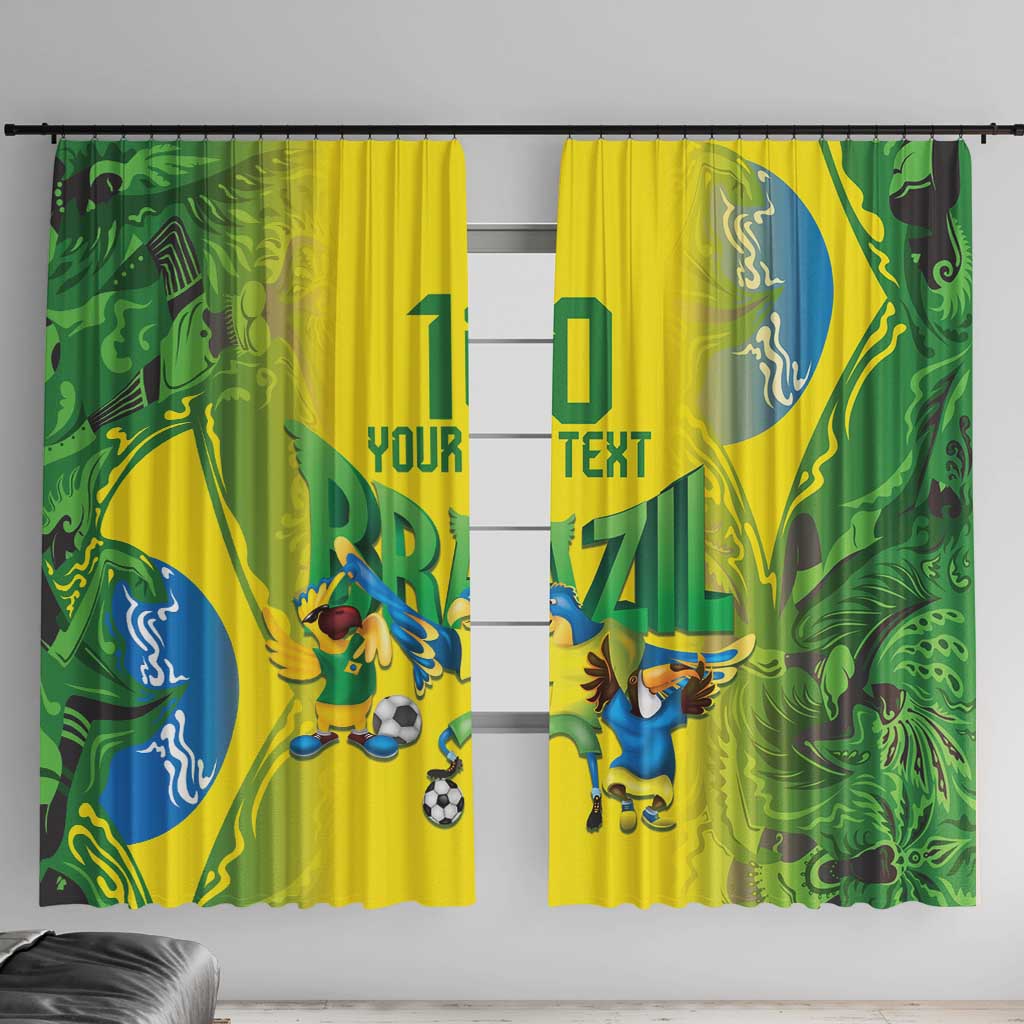 Brazil football window curtain with green-and-yellow birds, soccer balls, and custom text panels