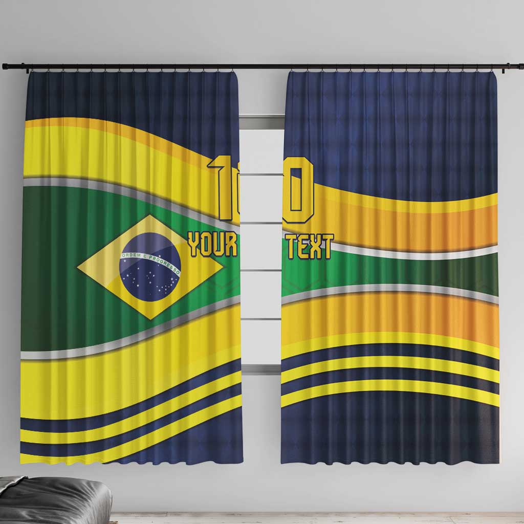 Brazil flag motif custom window curtain panels, blue yellow green stripes with “10” and “YOUR TEXT”.