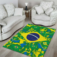 Green area rug with bold yellow edge, blue circular emblem, and colorful animal print