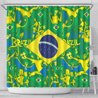 Green Brazil-pattern shower curtain with Brazil text and central flag emblem