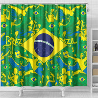 Green Brazil-pattern shower curtain with Brazil wordmark, flag emblem, and animal icons