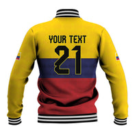 Gold custom baseball jacket back with 'YOUR TEXT' and number 21, ribbed striped cuffs
