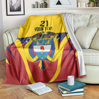 Custom flag blanket with '21', 'YOUR TEXT', and Colombia coat of arms—yellow/blue/red