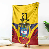 Draped custom flag blanket with '21' and 'YOUR TEXT' over a sofa, Colombia emblem