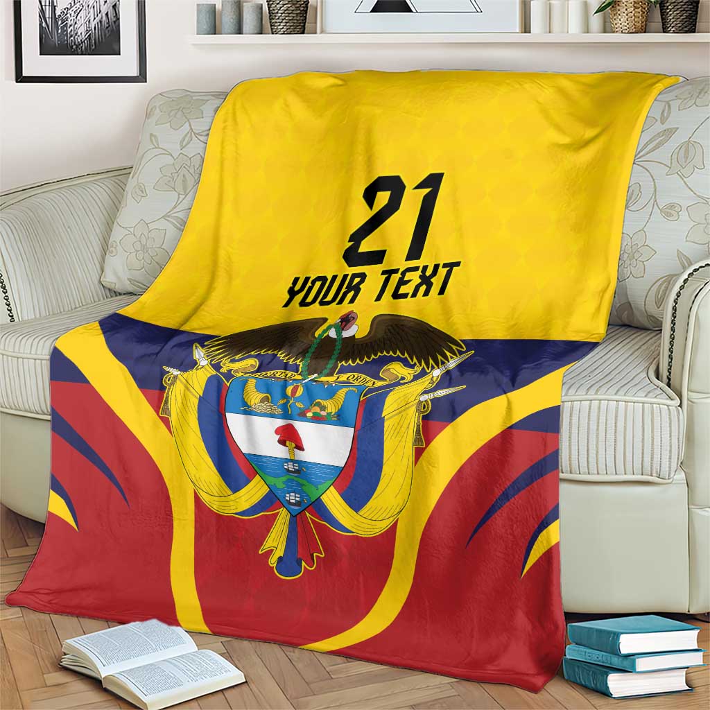 Yellow custom flag blanket with '21' and 'YOUR TEXT' and Colombia coat of arms detail