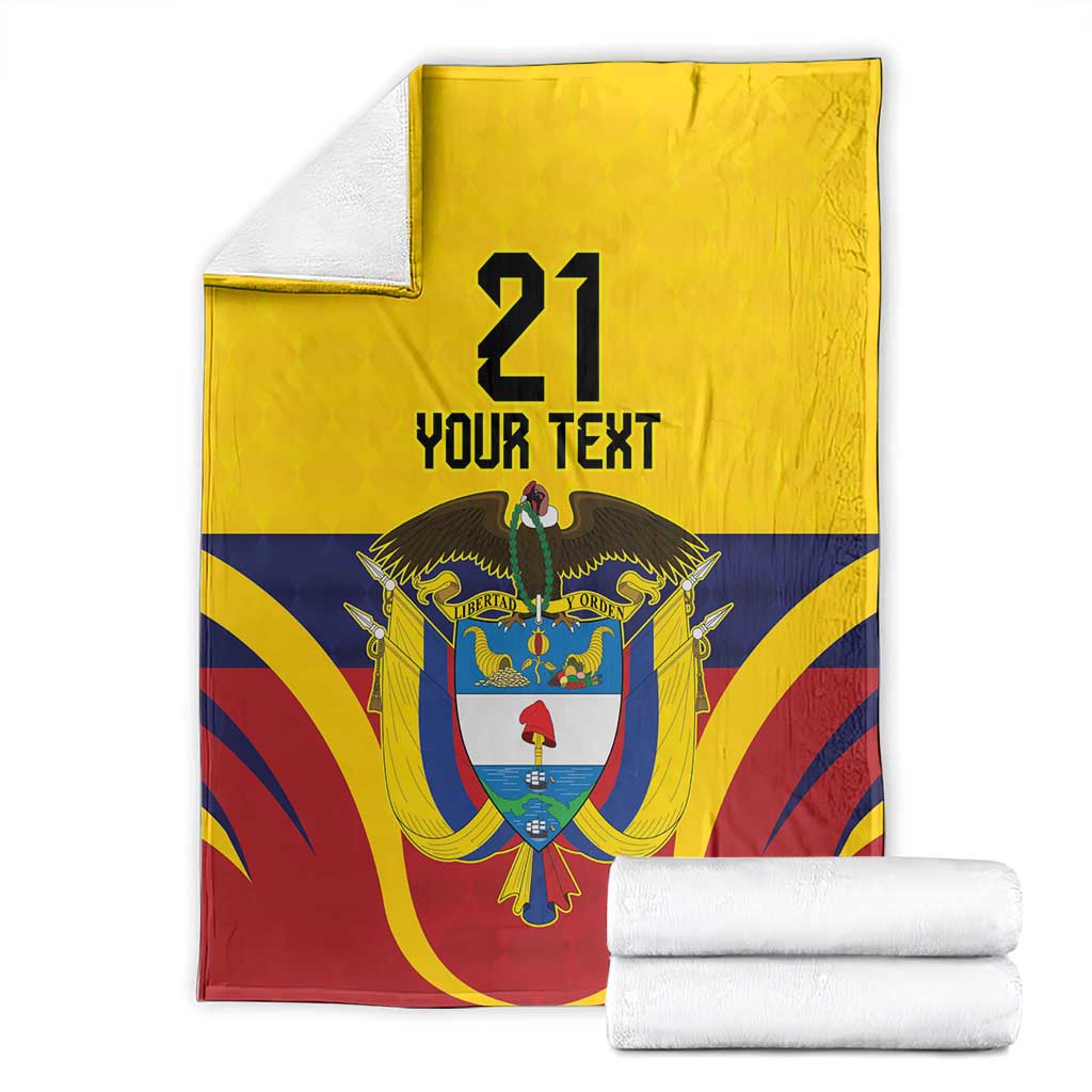 Folded custom flag blanket set with '21' and 'YOUR TEXT', yellow/blue/red Colombia emblem